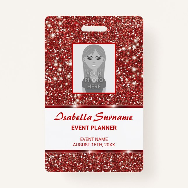 Faux Red Glitter Texture Look With Custom Text ID Badge (Front)