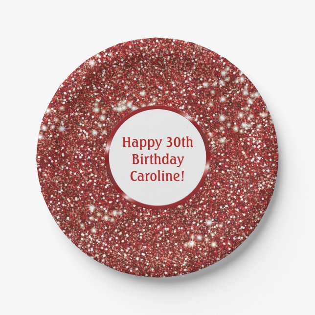 Faux Red Glitter Texture Look With Custom Text Paper Plate (Front)