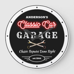 Faux Red Neon Classic Car Garage Any Name Large Clock