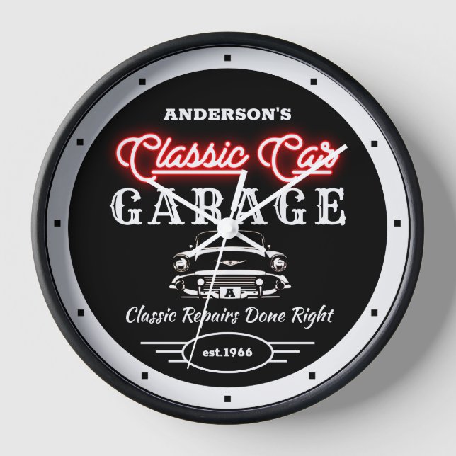 Faux Red Neon Classic Car Garage Auto and Name    Clock (Front)