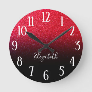 Faux Red Sparkly Glitter Black Ombre Round Clock