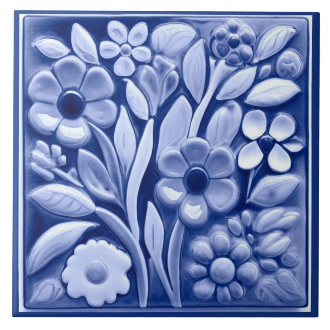 Faux Relief Dark Blue Floral Flowers Tile (Front)