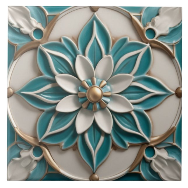 Faux Relief Flower in Turquoise Teal White & Gold Tile (Front)