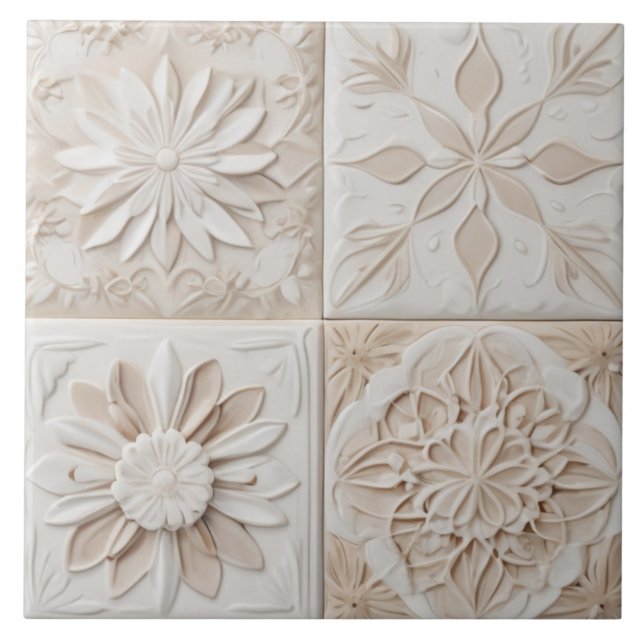 Faux Relief Pastel Beige & White Abstract Floral Tile (Front)