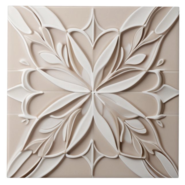 Faux Relief Pastel Beige & White Abstract Floral Tile (Front)