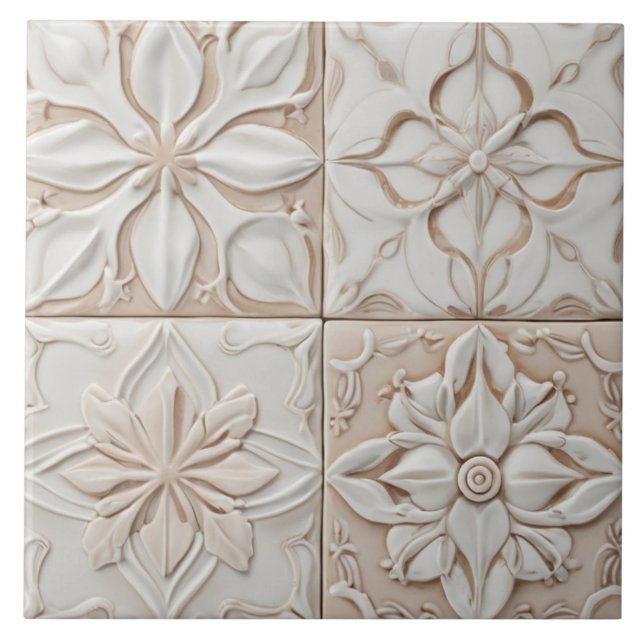 Faux Relief - Pastel Beige & White Abstract Floral Tile (Front)