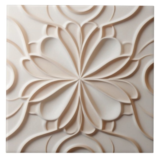 Faux Relief Pastel Beige & White Abstract Floral Tile (Front)