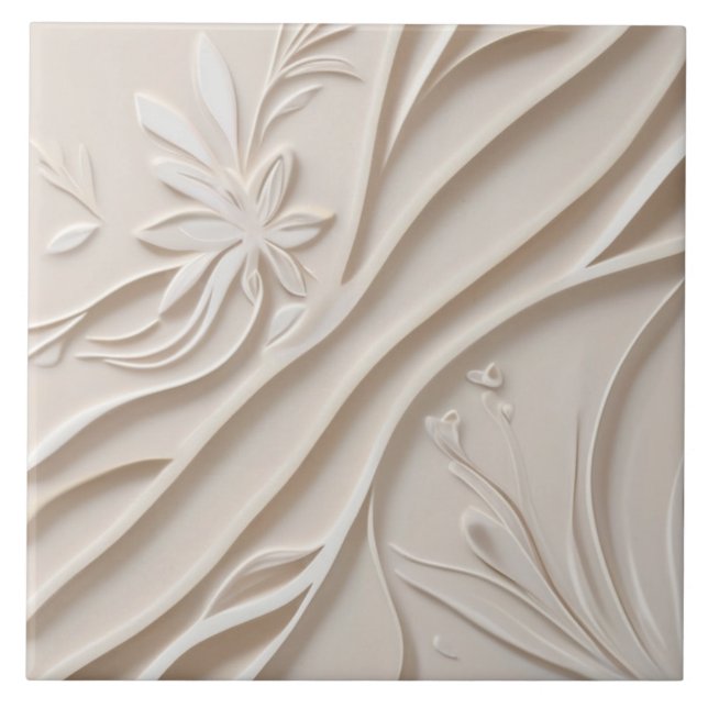 Faux Relief Pastel Beige & White Abstract Floral Tile (Front)