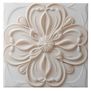 Faux Relief Pastel Beige & White Decorative Flower Tile