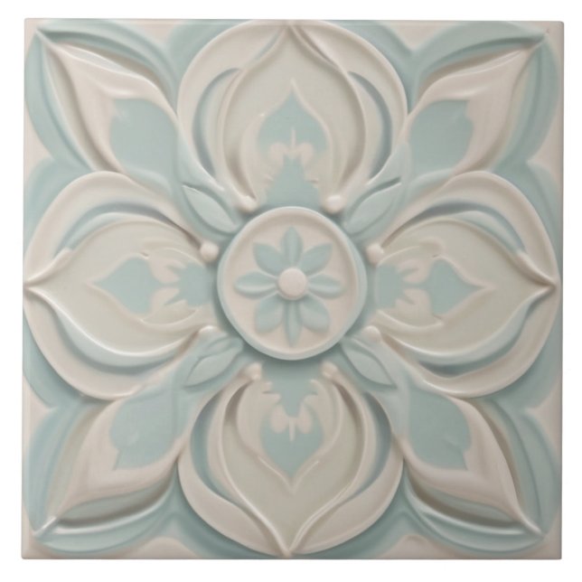 Faux Relief Pastel Mint Blue & White Floral Tile (Front)