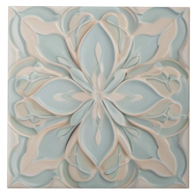 Faux Relief Pastel Mint Blue & White Floral Tile (Front)