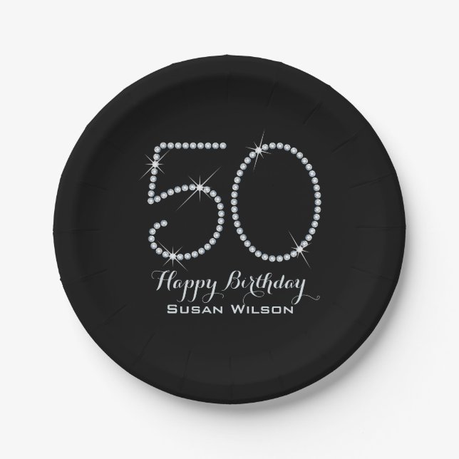 Faux Rhinestone 50th Birthday Paper Plate (Front)