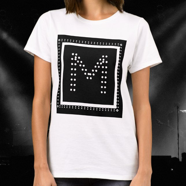 Faux Rhinestone Retro Rock Monogrammed Black White T-Shirt (A cool t-shirt with faux rhinestone monogram initial, formed of white dots on black)