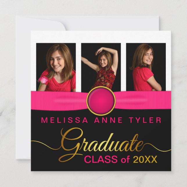 Faux Ribbon and Jewel Photo Graduation Invitation (Front)