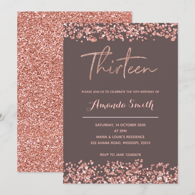 Faux Rose gold 13th Birthday Invitation (Front/Back)