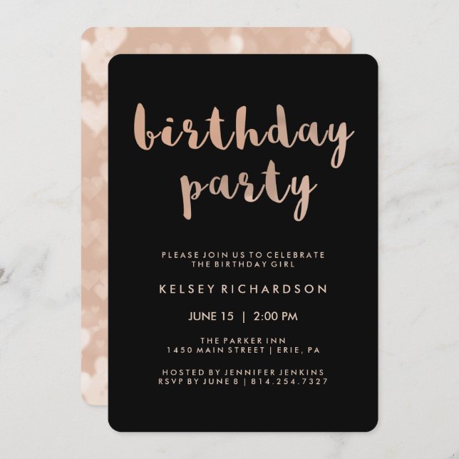 Faux Rose Gold and Black Birthday Party Invitation (Front/Back)