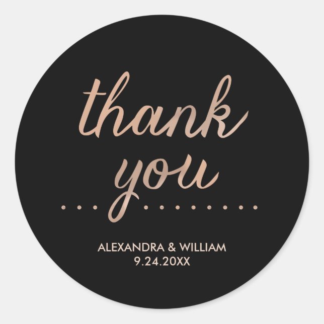 Faux Rose Gold and Black Dotted Wedding Thank You Classic Round Sticker (Front)