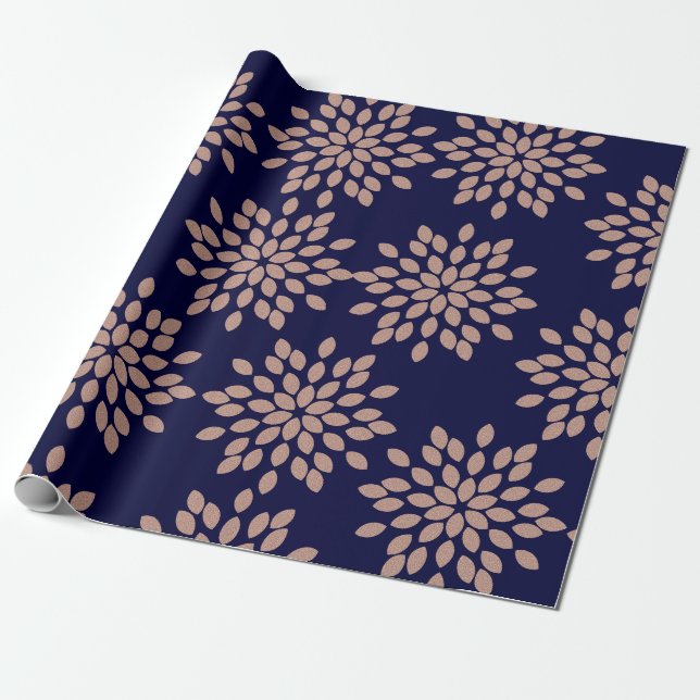 Faux Rose Gold  and Navy Blue Floral Pattern Wrapping Paper (Unrolled)