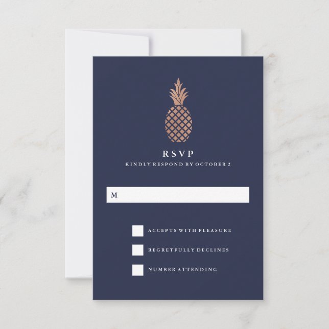 Faux Rose Gold and Navy Pineapple Wedding RSVP Card (Front)