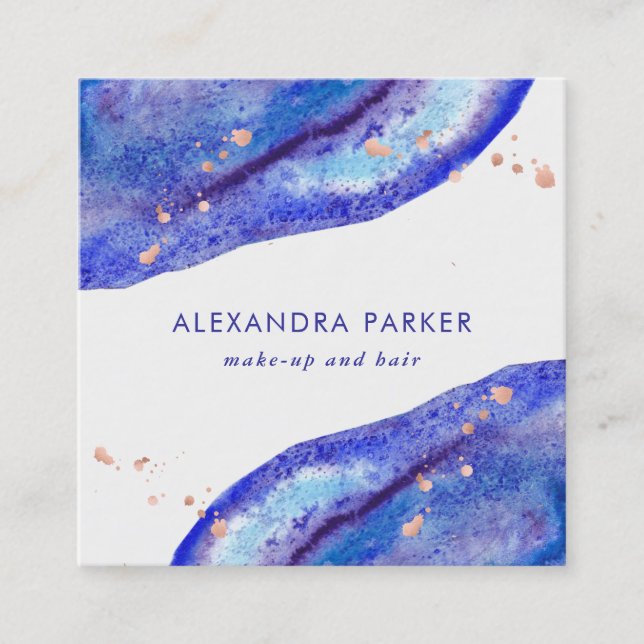 Faux Rose Gold and Watercolor Blue Geode | Square Square Business Card (Front)