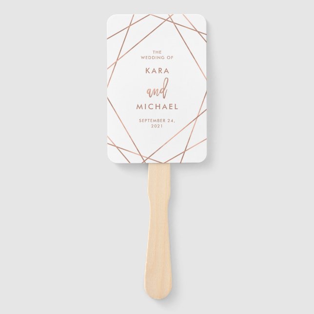 Faux Rose Gold and White | Geometric Wedding Hand Fan (Front)