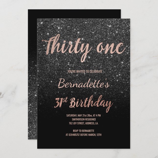 Faux rose gold black glitter 31st Birthday Invitation (Front/Back)
