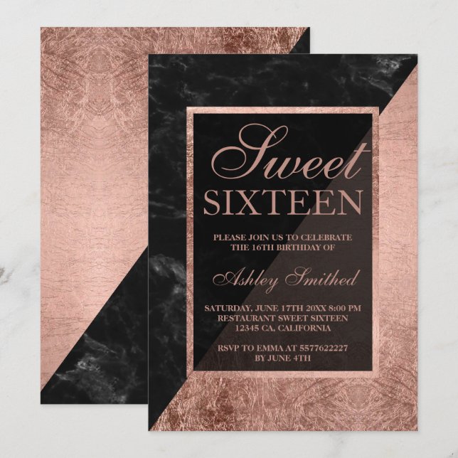 Faux rose gold black marble colour block Sweet 16 Invitation (Front/Back)