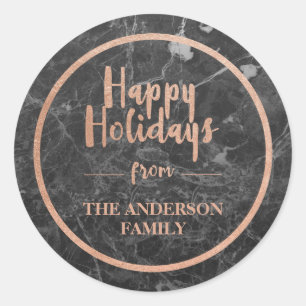 Faux Rose Gold & Black Marble   Happy Holidays Classic Round Sticker