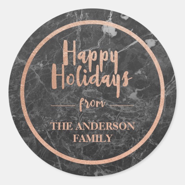 Faux Rose Gold & Black Marble | Happy Holidays Classic Round Sticker (Front)