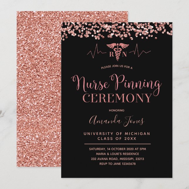 FAUX ROSE GOLD Black Nurse Pinning Ceremony Invitation (Front/Back)