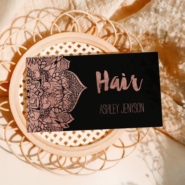 Faux rose gold boho floral mandala hair typography business card (Creator Uploaded)
