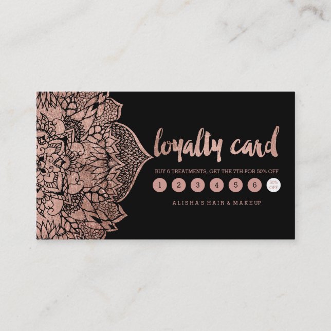 Faux rose gold boho floral mandala loyalty script card (Front)
