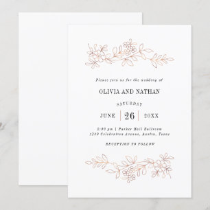 Faux Rose Gold Botanical Line Drawings Wedding Invitation