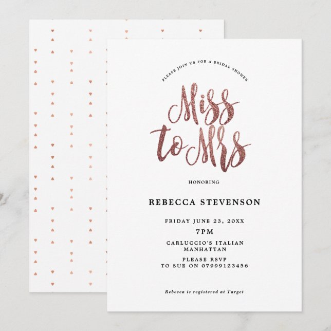 faux rose gold bridal shower invitation (Front/Back)