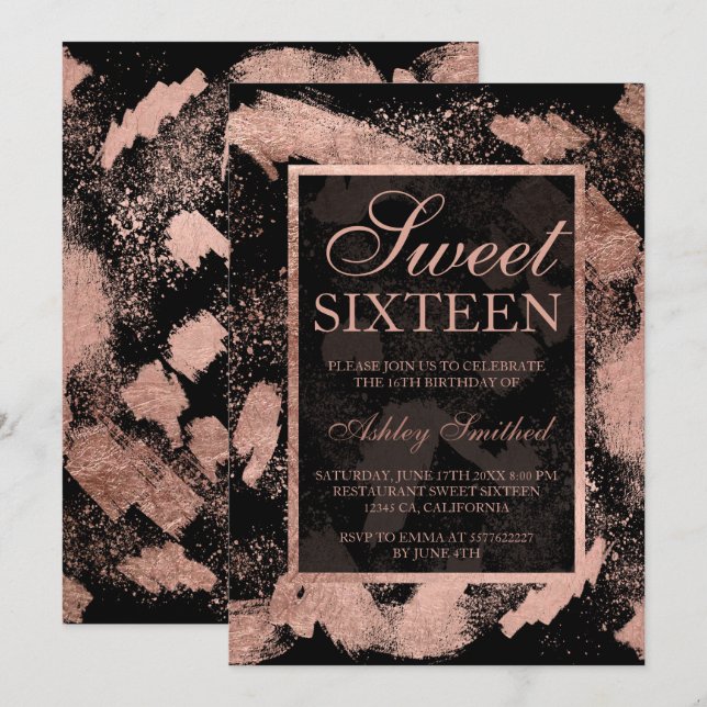 Faux rose gold brushstrokes splatter chic Sweet 16 Invitation (Front/Back)