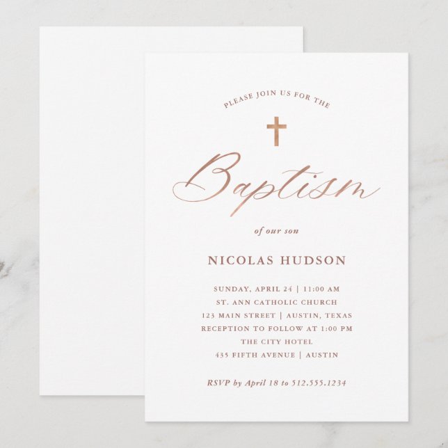 Faux Rose Gold Calligraphy and Cross | Baptism Invitation (Front/Back)