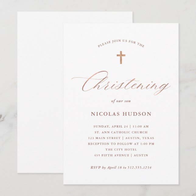 Faux Rose Gold Calligraphy and Cross | Christening Invitation (Front/Back)