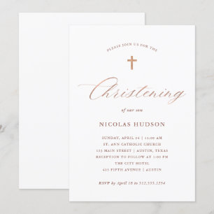 Faux Rose Gold Calligraphy and Cross   Christening Invitation