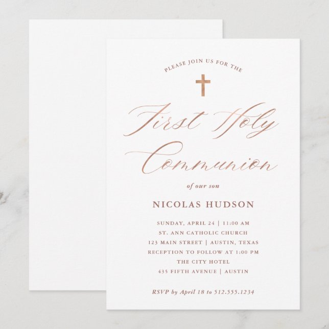 Faux Rose Gold Calligraphy | First Holy Communion Invitation (Front/Back)