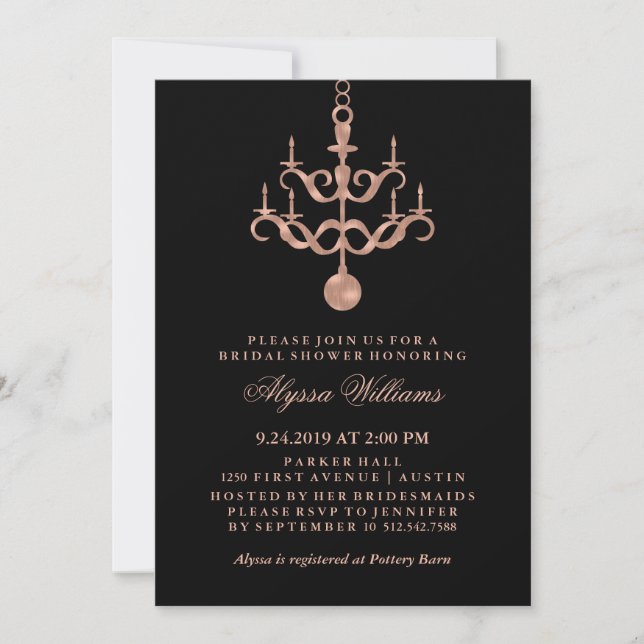 Faux Rose Gold Chandelier on Black Bridal Shower Invitation (Front)