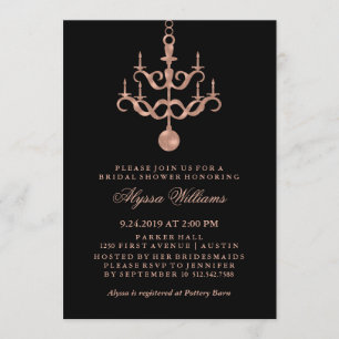 Faux Rose Gold Chandelier on Black Bridal Shower Invitation