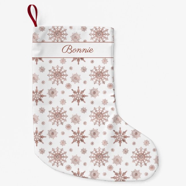 Faux Rose Gold Colour Looking Snowflakes & Name Small Christmas Stocking (Front)