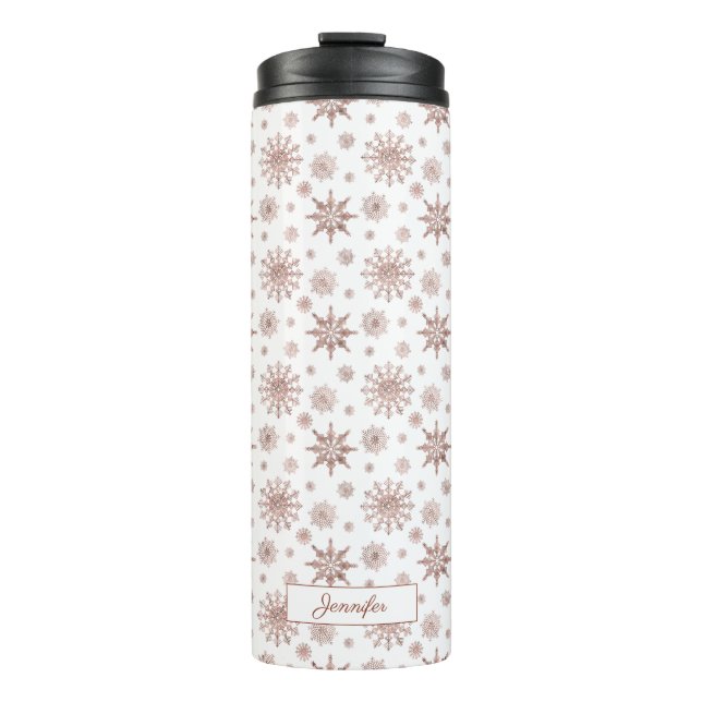 Faux Rose Gold Colour Looking Snowflakes & Name Thermal Tumbler (Front)