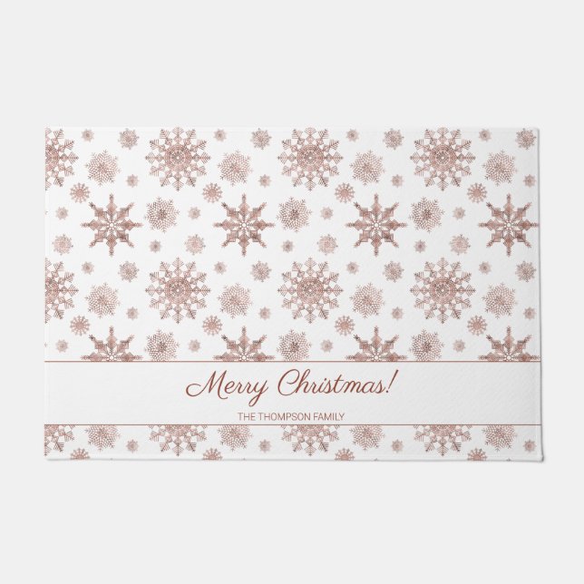 Faux Rose Gold Colour Looking Snowflakes & Text Doormat (Front)