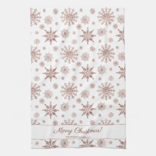 Faux Rose Gold Colour Looking Snowflakes & Text Tea Towel