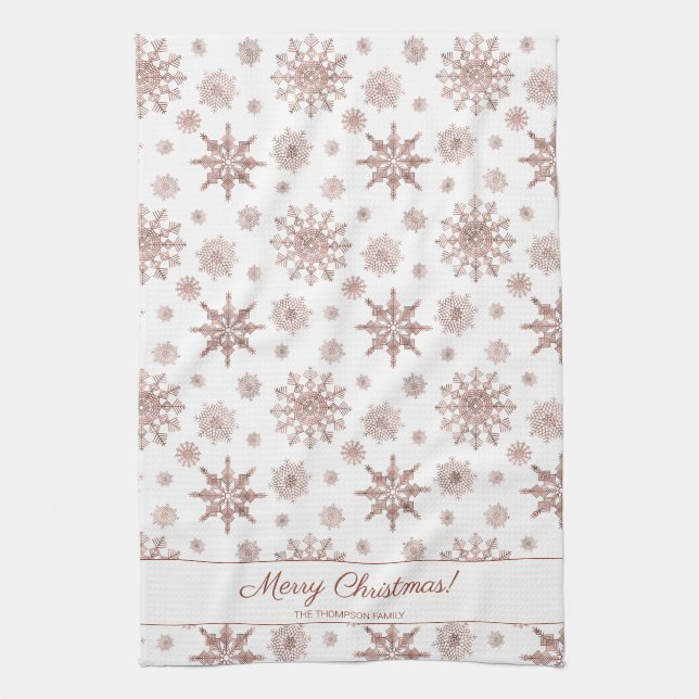Faux Rose Gold Colour Looking Snowflakes & Text Tea Towel (Vertical)