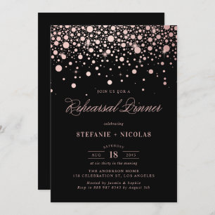 Faux Rose Gold Confetti Black Rehearsal Dinner II Invitation