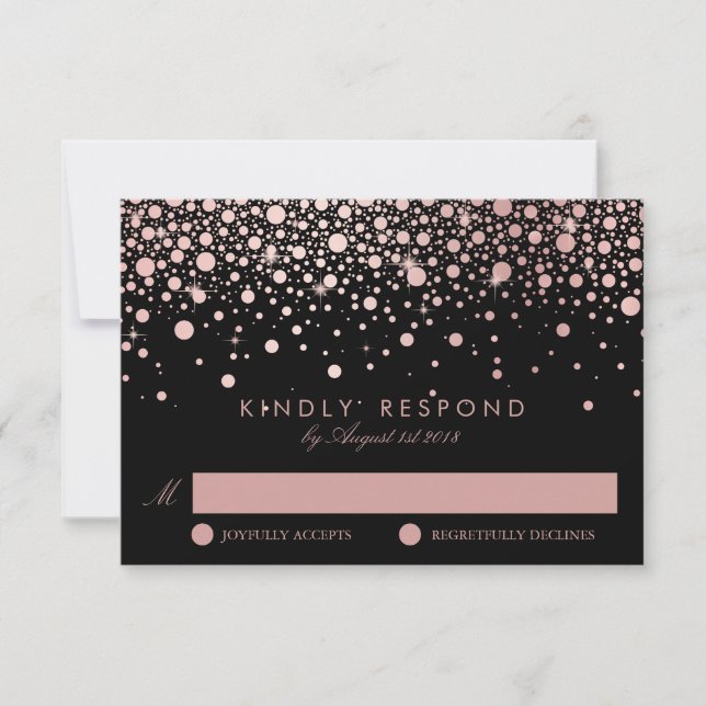 Faux Rose Gold Confetti Dots Black Wedding RSVP Card (Front)