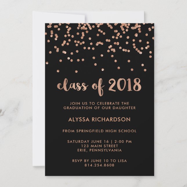 Faux Rose Gold Confetti Graduation Party | Black Invitation (Front)