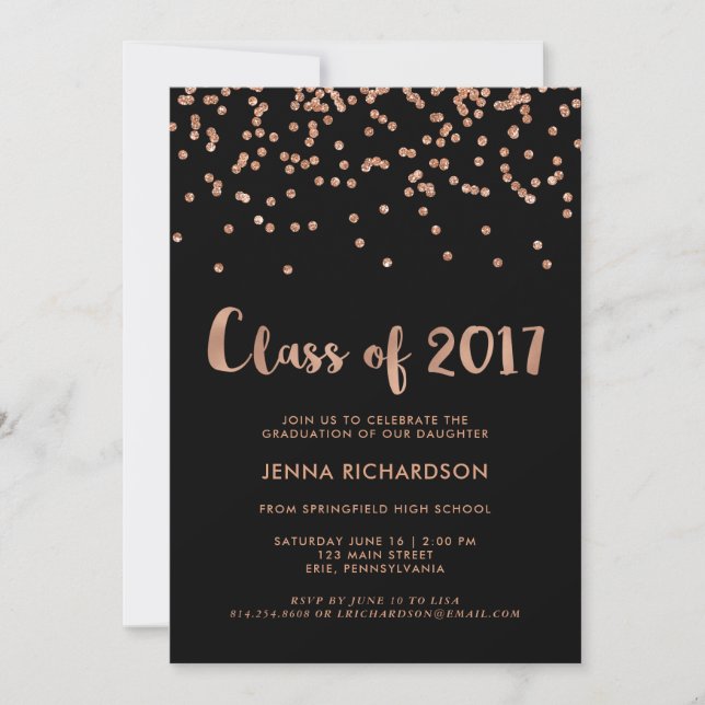 Faux Rose Gold Confetti Graduation Party | Black Invitation (Front)